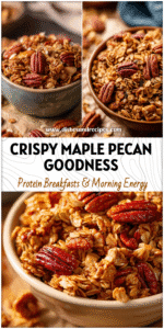Bowl of maple pecan homemade granola healthy mix with gluten free oats and crunchy pecans on parchment.